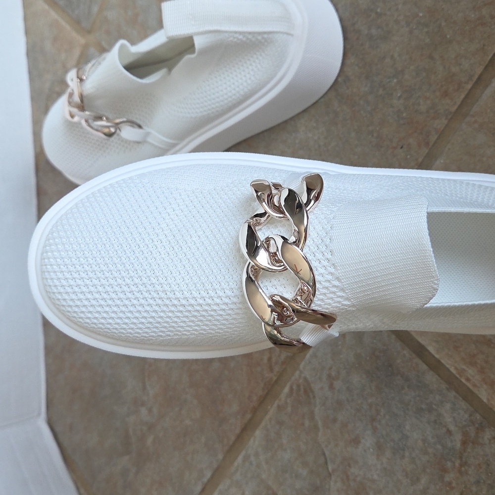 White Mesh Slip-On Sneakers Silvertone Chain Detail Chunky Wedge NWOT Sz 10 - Picture 15 of 17